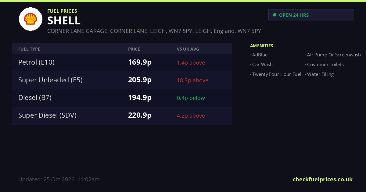Corner Lane Shell SHELL Hope Carr CORNER LANE GARAGE, CORNER LANE, LEIGH, WN7 5PY, LEIGH ...