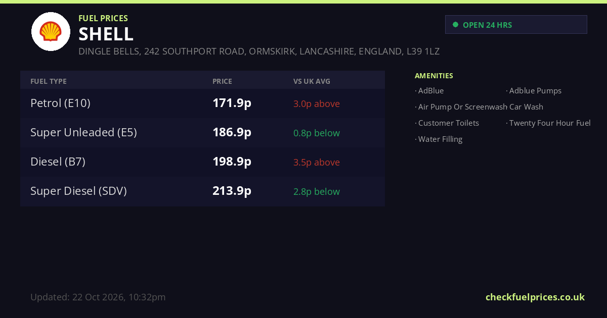 Shell Pms Price SHELL Ormskirk DINGLE BELLS, 242 SOUTHPORT ROAD, ORMSKIRK, LANCASHIRE ...